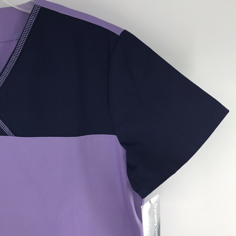 NEW Small Lilac Purple & Navy Blue Scrub Top Vneck - Picture 3 of 13